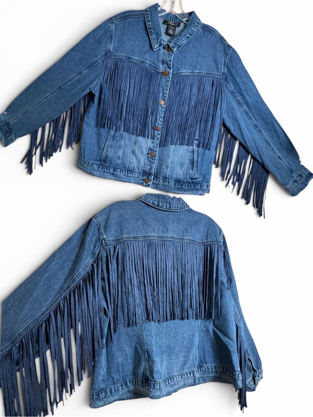 Midnight Velvet Fringe Denim Jacket Western Blue Womens XL